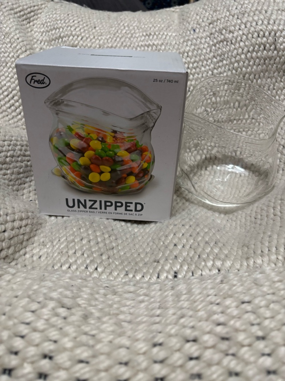 Unzipped Clear Glass Zipper Bag Candy Jar/Vase/Art Piece. Super cute & versatile